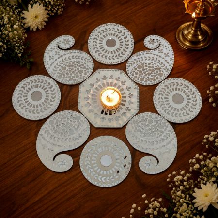 Handcrafted Mirror Mosaic Paisley Rangoli Decor with Tealight Holder